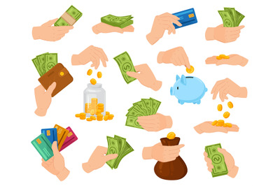 Cartoon cash money, hands hold dollar bill, wallet or bag. Human arm h