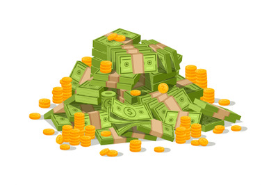 Cartoon money cash pile, dollar bill stack. Pile of green bills, stack