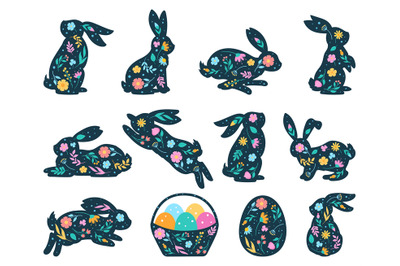 Cartoon easter rabbit silhouette&2C; cute spring bunny and eggs elements.