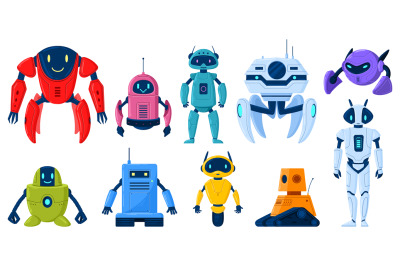 Cartoon robot characters, technology cyborg mascots or mechanical toys