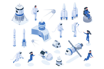 Isometric space bodies, astronaut, satellites and spacecraft. Outer sp