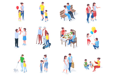 Isometric family, parents play and walk with children. Families walk i