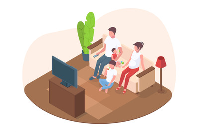 Isometric family with kid watch tv in living room. Parenthood mother a