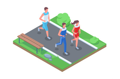 Isometric marathon race, people jogging, running in park. Female and m