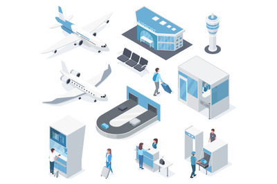 Isometric airport elements, plane, passengers, passport check and term