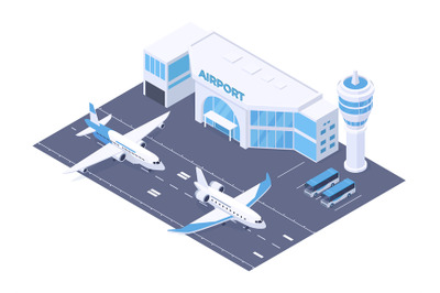 Isometric airport building and runway&2C; plane taking off. International