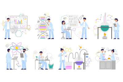 Clinic lab doctor characters, science analysis laboratory. Scientists