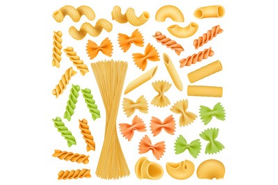 Realistic pasta, italian spaghetti, shells, farfalle and cavatappi. It