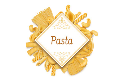 Pasta poster, italian cuisine dry macaroni background. Raw wheat food,