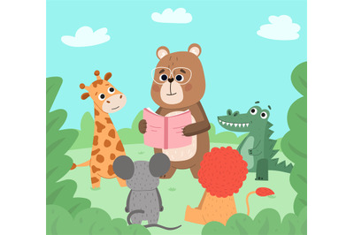 Animals reading book&2C; cute wildlife book lovers. Cute bear reads to ba