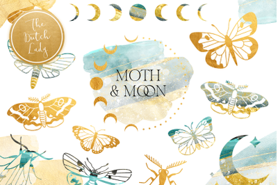 Moth &amp; Moon Esoteric Clipart Set