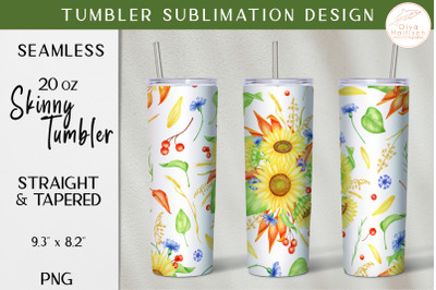 Watercolor Sunflower Tumbler Sublimation. Floral Tumbler Wrap 20oz