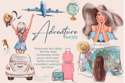Travel Girl Clipart Adventure Awaits, Fashion Illustration