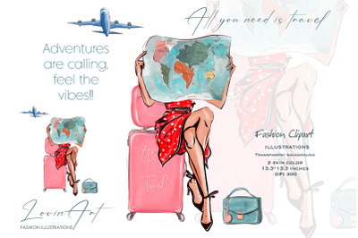 Travel Girl with Map on Suitcase, Fashion illustration