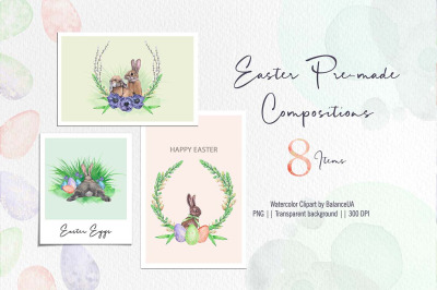 Easter Pre-made Compositions Watercolor Clipart, Easter Bunny and Egg