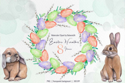 Easter Wreath Watercolor Clipart, Spring Clipart, Easter Flowers