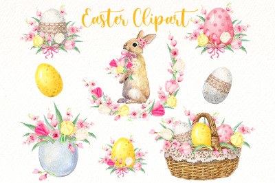 Easter Bunny watercolor clipart, Spring floral PNG clip art.
