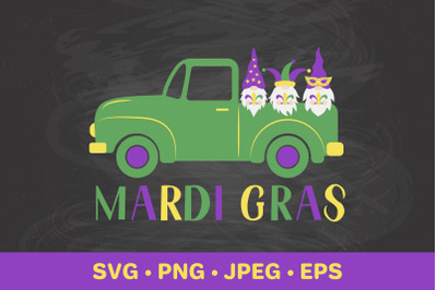 Mardi Gras retro truck with cute gnomes