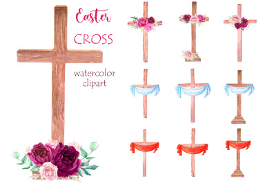 Floral cross watercolor clipart, Baptism clip art, Religious easter.