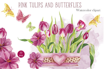 Watercolor pink Tulips Clipart. Botanical clipart