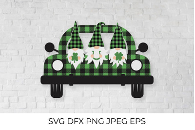 St. Patricks day retro truck with cute cartoon gnomes