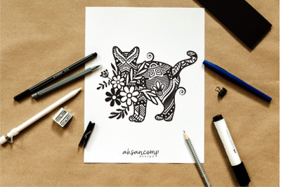Cat Mandala with Flower, Paper Cut &amp; Print, Vector