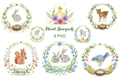 Watercolor wreath flowers and animals. Happy easter. Spring.