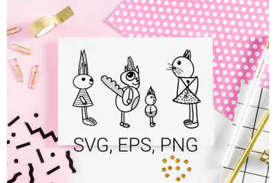 Funny Whimsical Animals Doodles SVG,EPS,PNG
