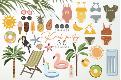 Summer pool party clipart, Summer items collection