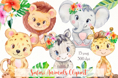 Safari Animals watercolor Clipart, Tropical Animal png, cute lion.