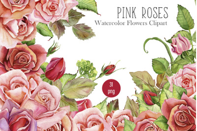 Watercolor Pink roses Flower Clipart