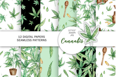 Cannabis watercolor digital paper