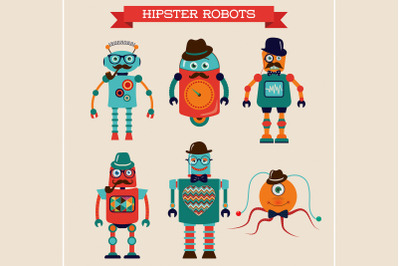 Retro Hipster Robots Collection, Cartoon Characters for Kids, Party.