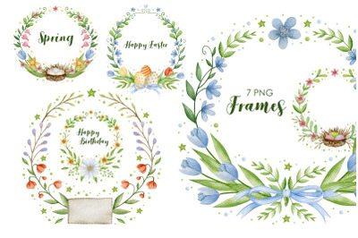 Watercolor floral frames spring. Happy easter.