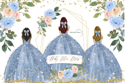 Elegant Baby Blue Flowers Wedding Clipart, Baby Blue Princess Dress