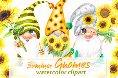Watercolor summer gnomes clipart with sunflowers bouquet png