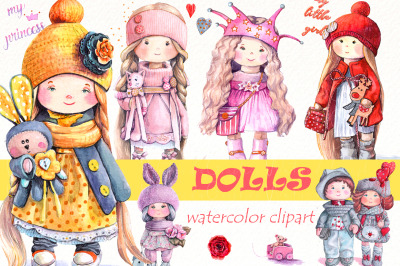 Watercolor clipart tilde dolls, set of cartoon girls, png.