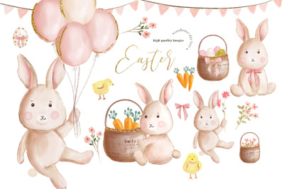 Cute Easter Bunny Pink Balloons Clipart&2C; Bunnies Easter