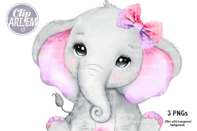 Cute Pink Purple Girl Elephant with bow 3 PNG images