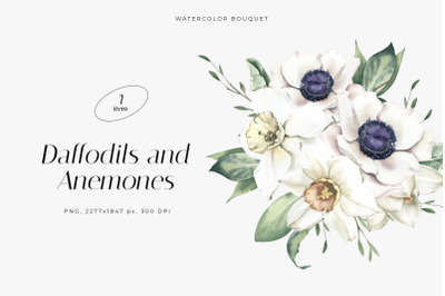 Watercolor Bouquet with Anemone and Daffodils