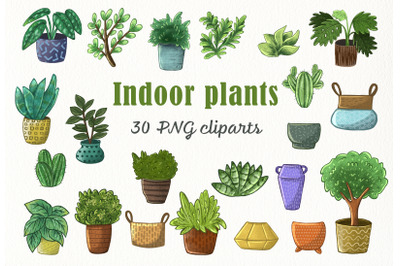 Indoor Plants Clipart. Hand Painted House Plants, Potted Greenery Set