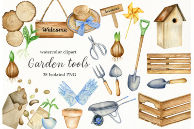 Watercolor spring garden tools clipart set. Hand painted spring garden