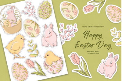 Happy Easter Day. Sticker pack. 10 elements. PNG, JPG, PSD