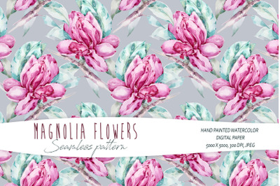 Watercolor magnolia seamless pattern on grey background