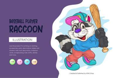 Cartoon Baseball Player Raccoon. T-Shirt, PNG, SVG.