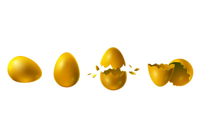 Realistic broken and exploded easter golden chicken eggs. Surprise egg