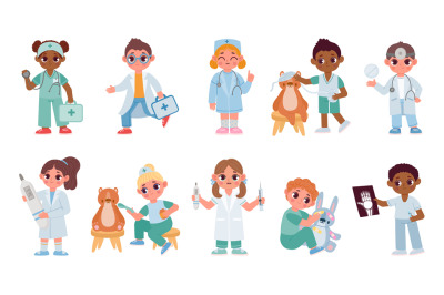 Children play hospital in doctor uniform with first aid kit toy. Cute