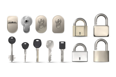 Realistic modern keys, metal padlocks and door keyholes. Open and clos