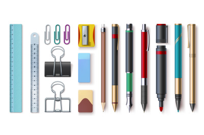 Realistic office stationery, writing tools, paper clips, and ruler. Pe