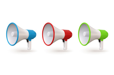 3d realistic red, blue and green megaphone, loudspeaker icons. Public